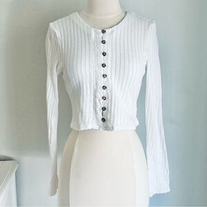 White Cropped Pointelle Knit Button Front Long Sleeve Cardigan, Large